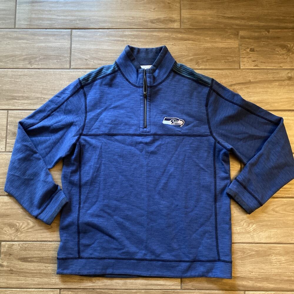 Tommy Bahama NFL Seattle Seahawks Blue Long Sleeve 1/4 Zip Sweater Reversible L